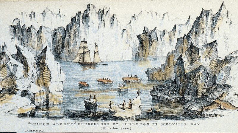 Piirroskuva jäävuorista ja pingviineistä Melville Bay