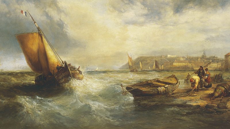 Burrell maalaus purjelaivasta myrskyisällä rannalla