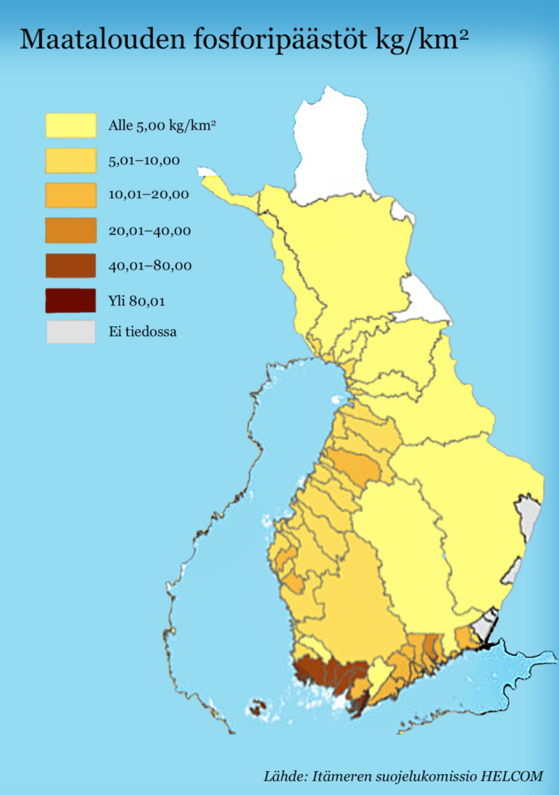 Maatalaouden fosforipäästöt Suomessa alueittain infograafissa kuvattuna. Lähde: Itämeren suolejukomissio HELCOM