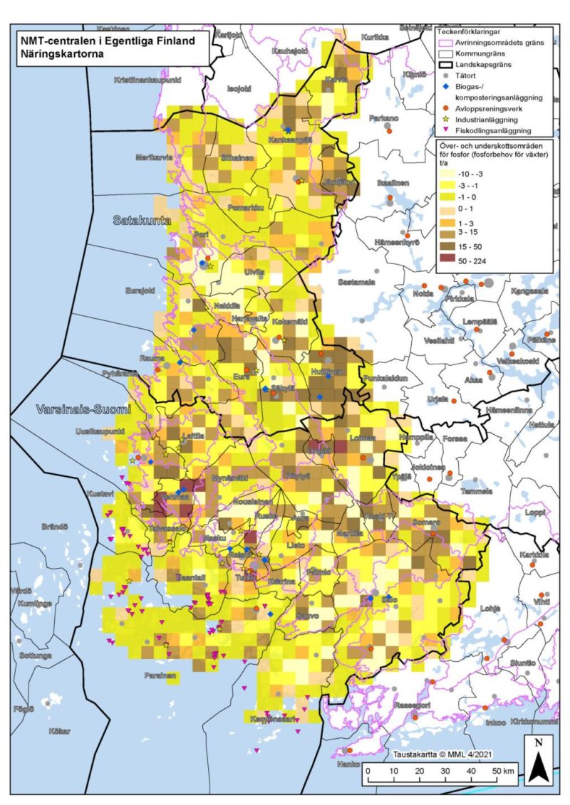 Infografik: Över- och underskottsområdena för fosfor i sydvästra Finland beräknat enligt behovet av jordbruksgrödor.