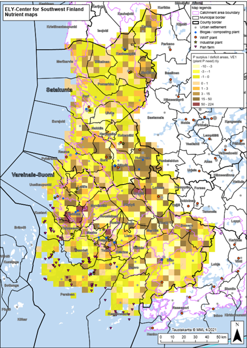 Infographic: Phosphorus surplus and deficit areas in southwestern Finland calculated according to the need for cultivated crops.