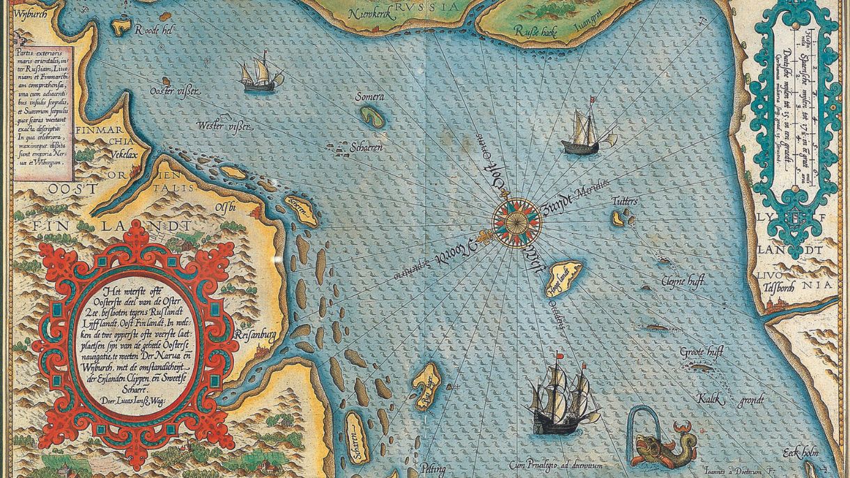 Kuvassa on ensimmäinen Suomenlahtea kuvaava kartta, jonka teki hollantilainen Lucas Janszoon Waghenaer. Kuva: John Nurmisen Säätiön kokoelmat.