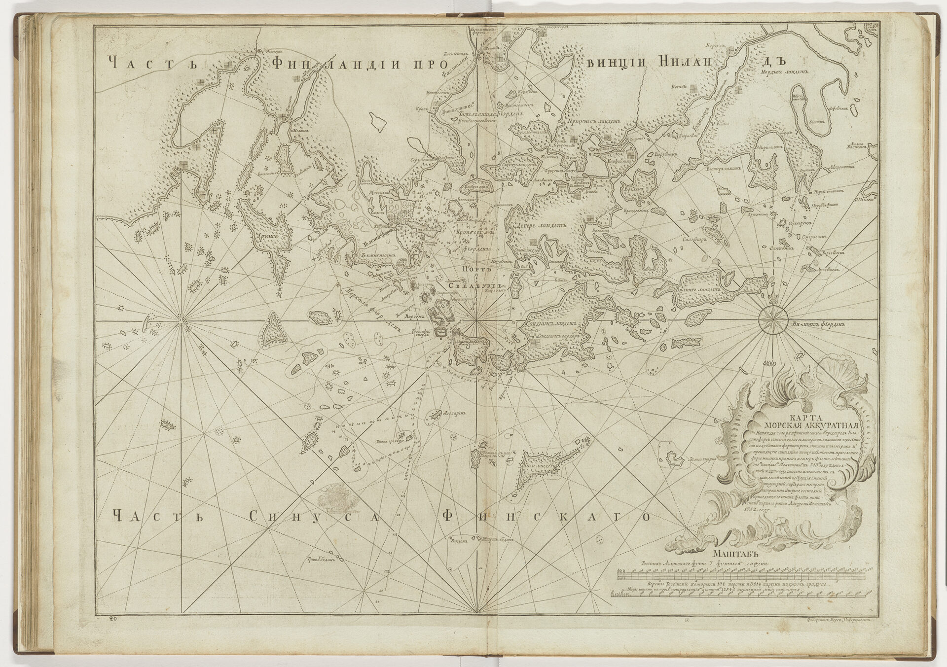 Old nautical map of Helsinki and surrounding archipelago with detailed coastlines, navigation routes, and a decorative cartouche.
