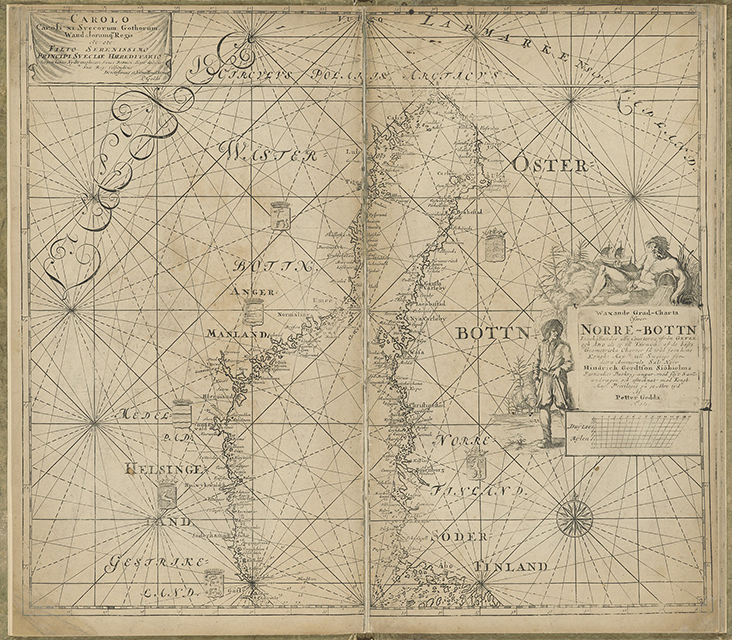 1695 julkaistu  merikartta Pohjanlahdesta, jossa näkyy rannikko ja saaret, aikakauden läänien nimet ja vaakunat, tärkeimmät satama- ja paikannimet, pohjoinen napapiiri yläreunalla, ruutukuvioiset kurssiviivat ja kompassiruusukkeet sekä koristeellinen kartussi ihmishahmoineen.